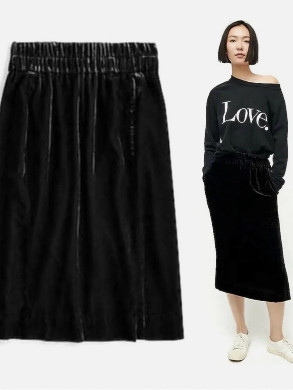J.Crew Velvet pull-on midi skirt A Line S Small in Black Velvet